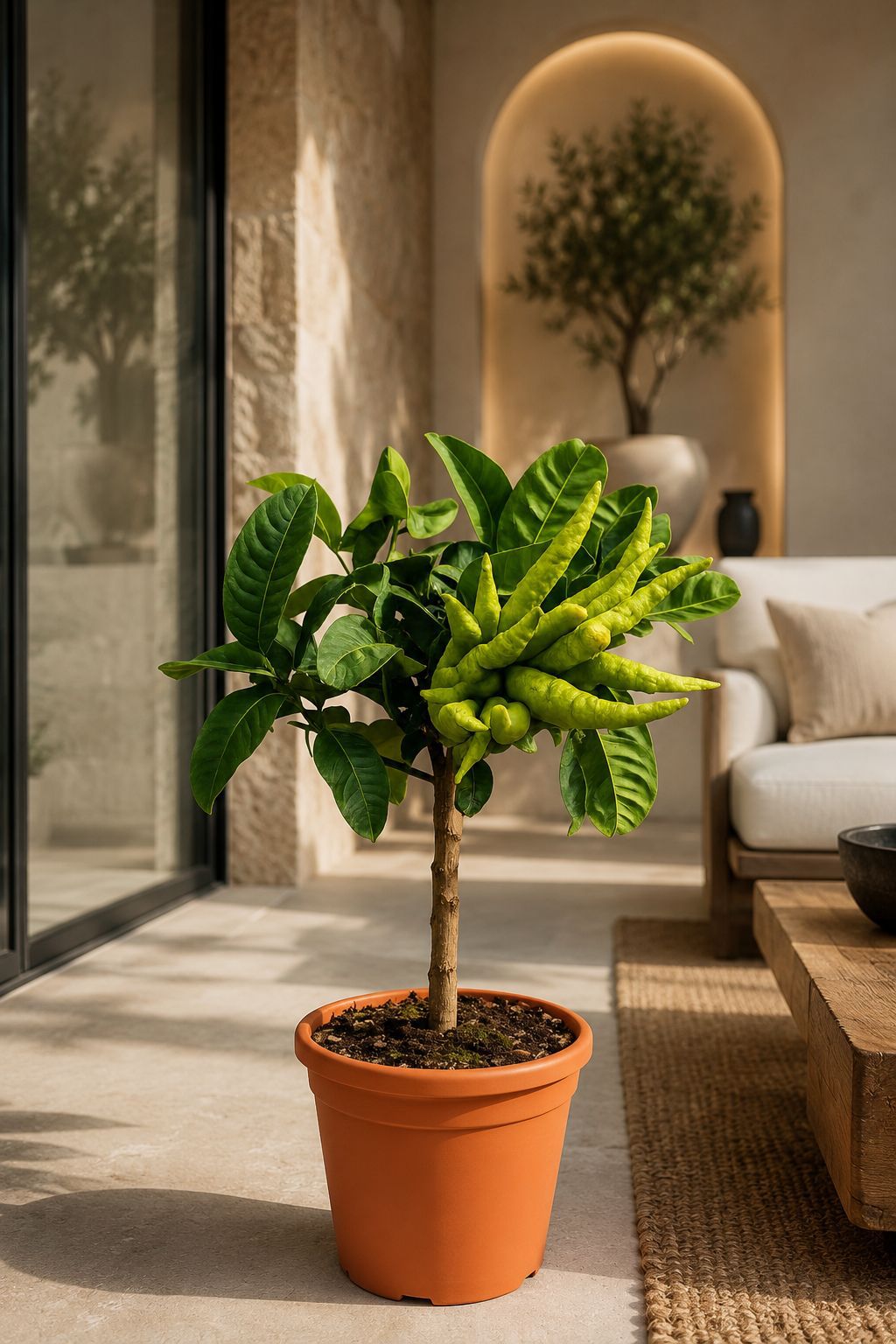Mano de Buda en maceta de vivero en ambiente interior mediterráneo